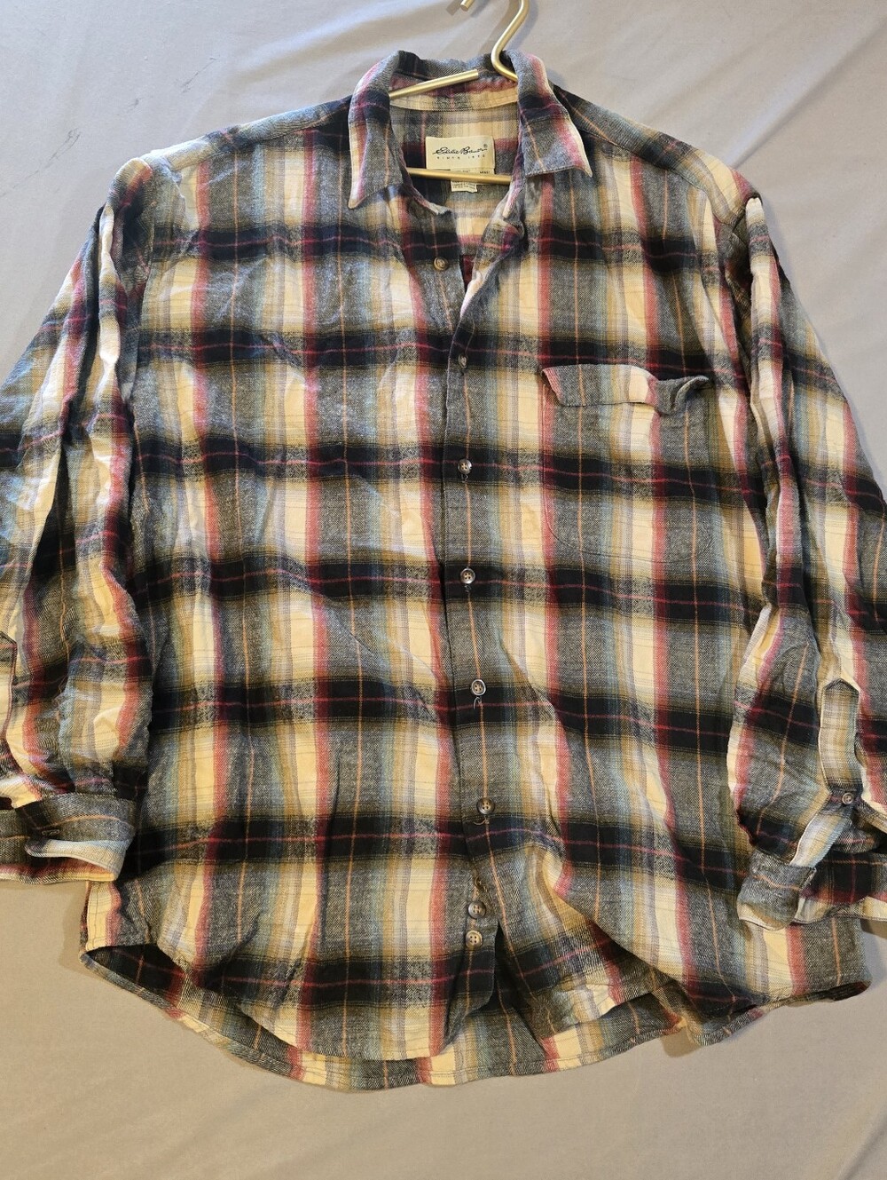 Eddie Bauer 100% Cotton Men's Plaid Button-Down Shirt - Blue, White, Red